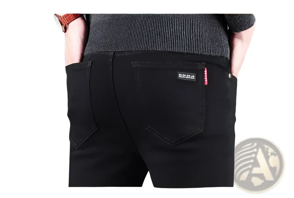 Back side of men black slim fit stretch denim jeans with classic back pocket design and brand label on right hip
