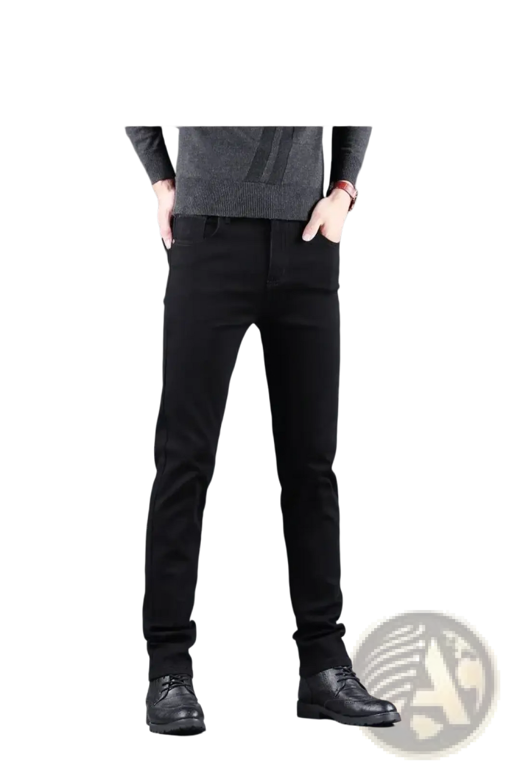 Men black slim fit stretch denim jeans in black with tapered leg design and subtle stitching details