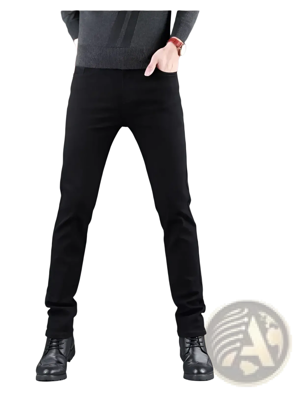 Men black slim fit stretch denim jeans made of durable black denim with a classic straight-leg cut and subtle stitching details