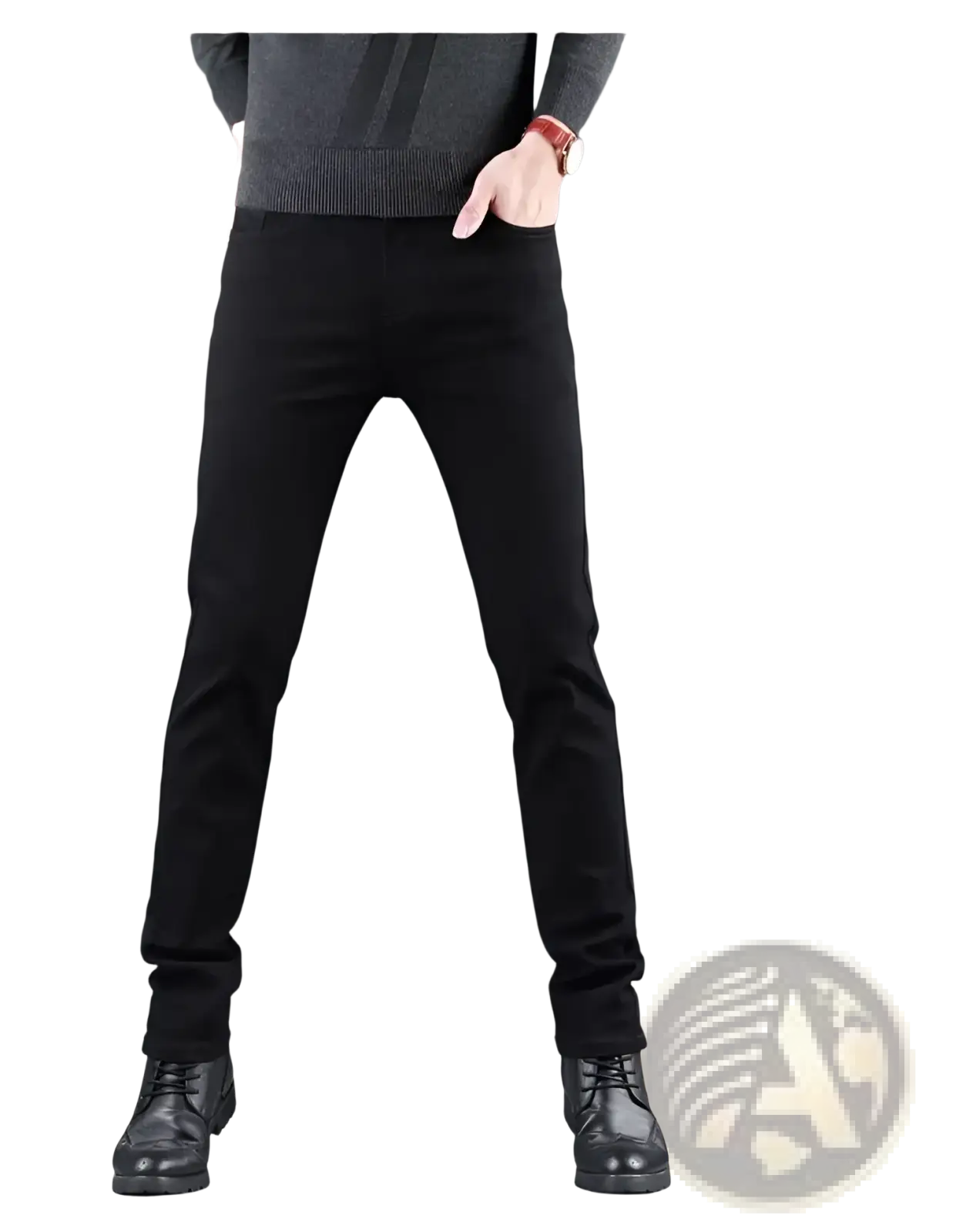 Men black slim fit stretch denim jeans made of durable black denim with a classic straight-leg cut and subtle stitching details