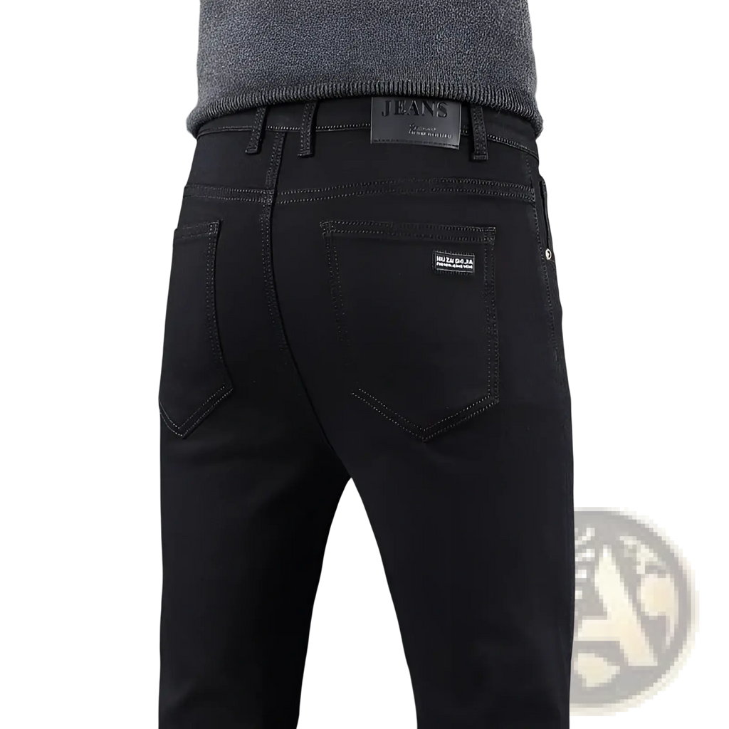 Men black slim fit stretch denim jeans featuring sleek slim cut and subtle stitching details