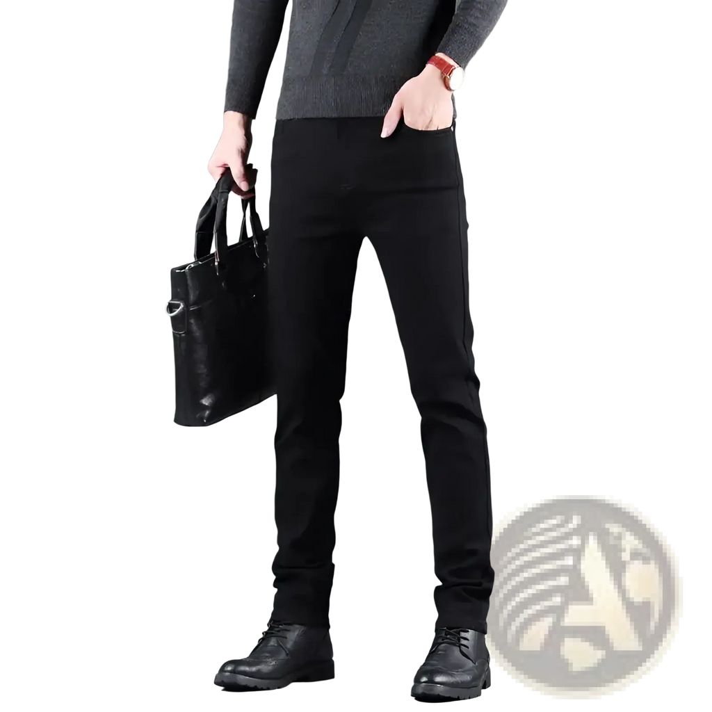 Men black slim fit stretch denim jeans with a smooth matte finish and subtle stitching details