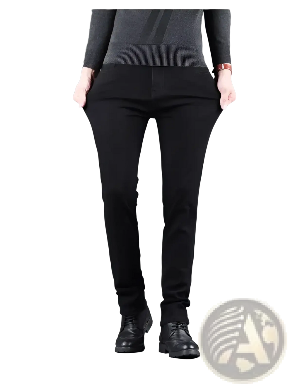 Men black slim fit stretch denim jeans featuring smooth stretchy fabric and subtle stitching details
