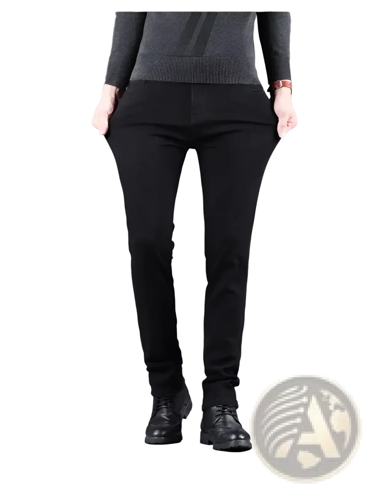 Men black slim fit stretch denim jeans featuring smooth stretchy fabric and subtle stitching details