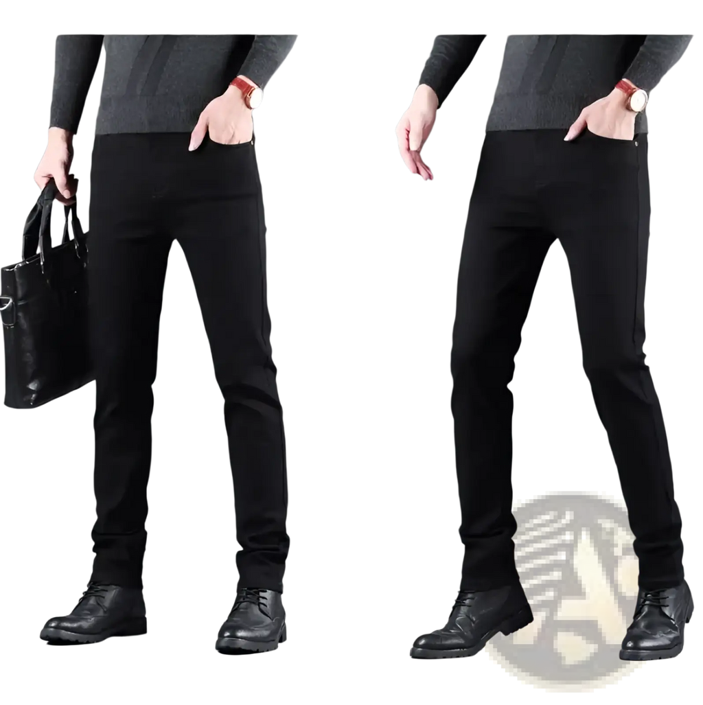 Men black slim fit stretch denim jeans featuring smooth stretchy fabric and subtle stitching details