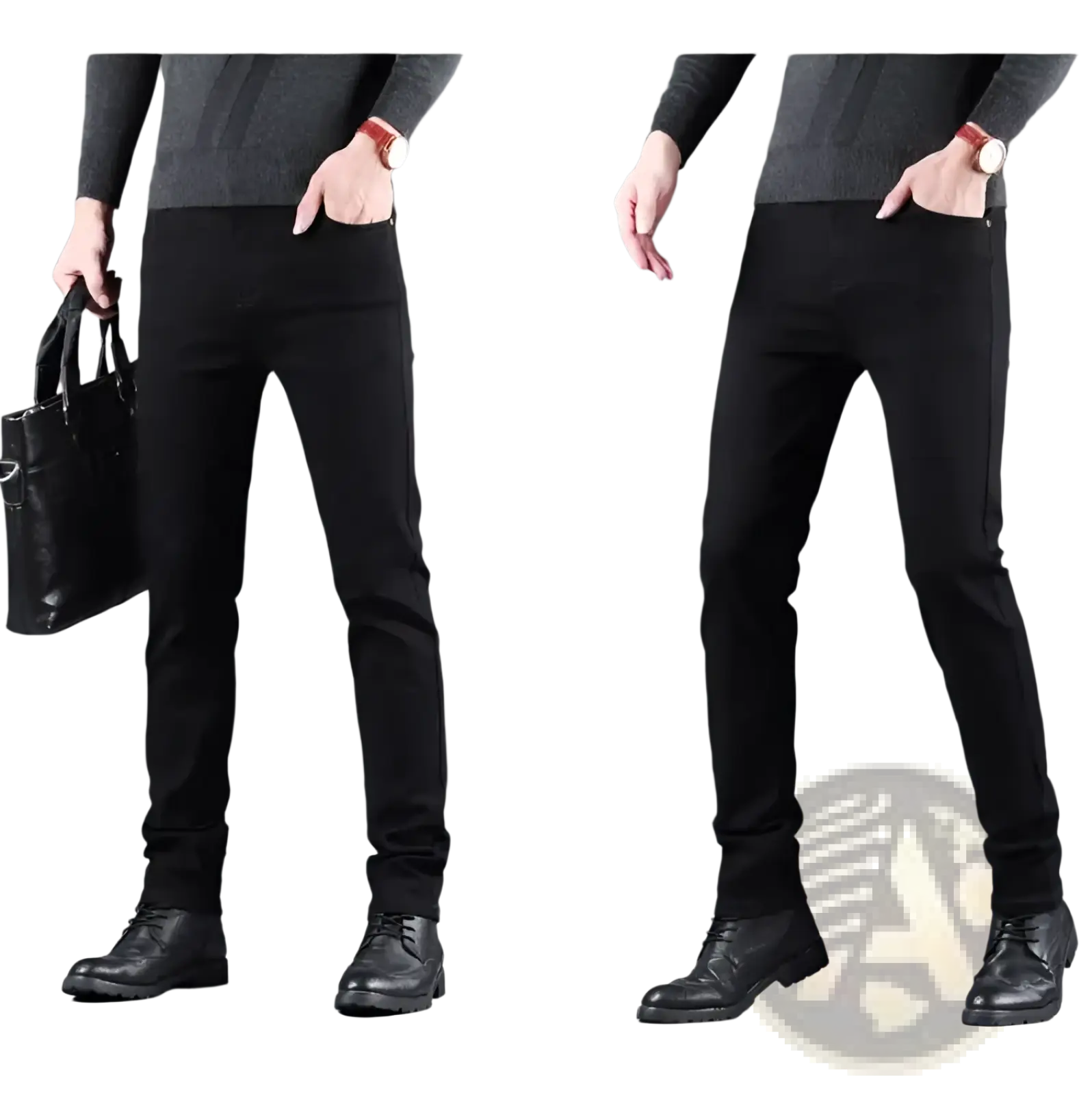 Men black slim fit stretch denim jeans featuring smooth stretchy fabric and subtle stitching details