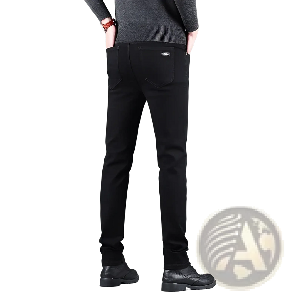 Men black slim fit stretch denim jeans showing the back side with subtle texture and classic back pockets