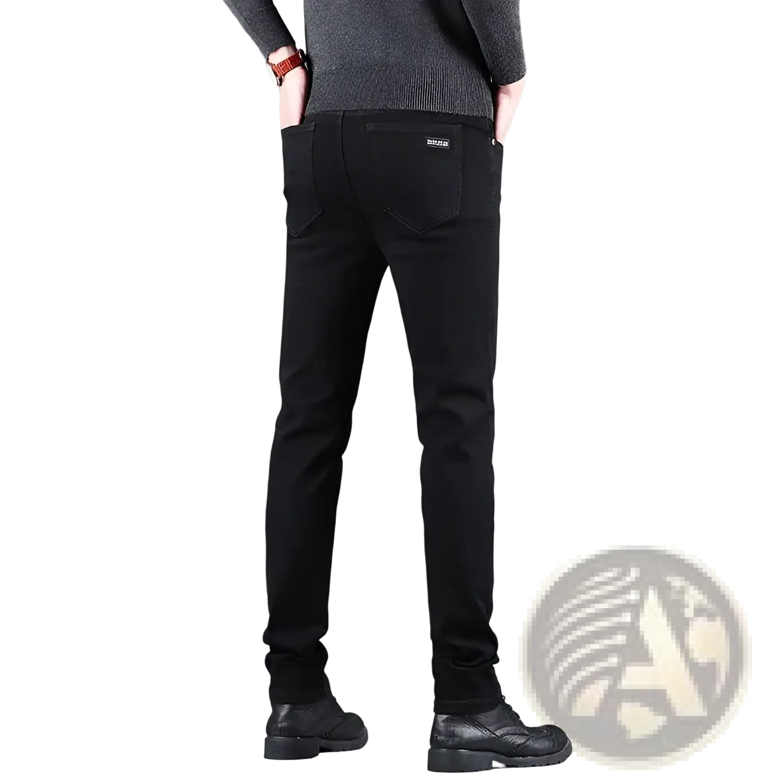 Men black slim fit stretch denim jeans showing the back side with subtle texture and classic back pockets