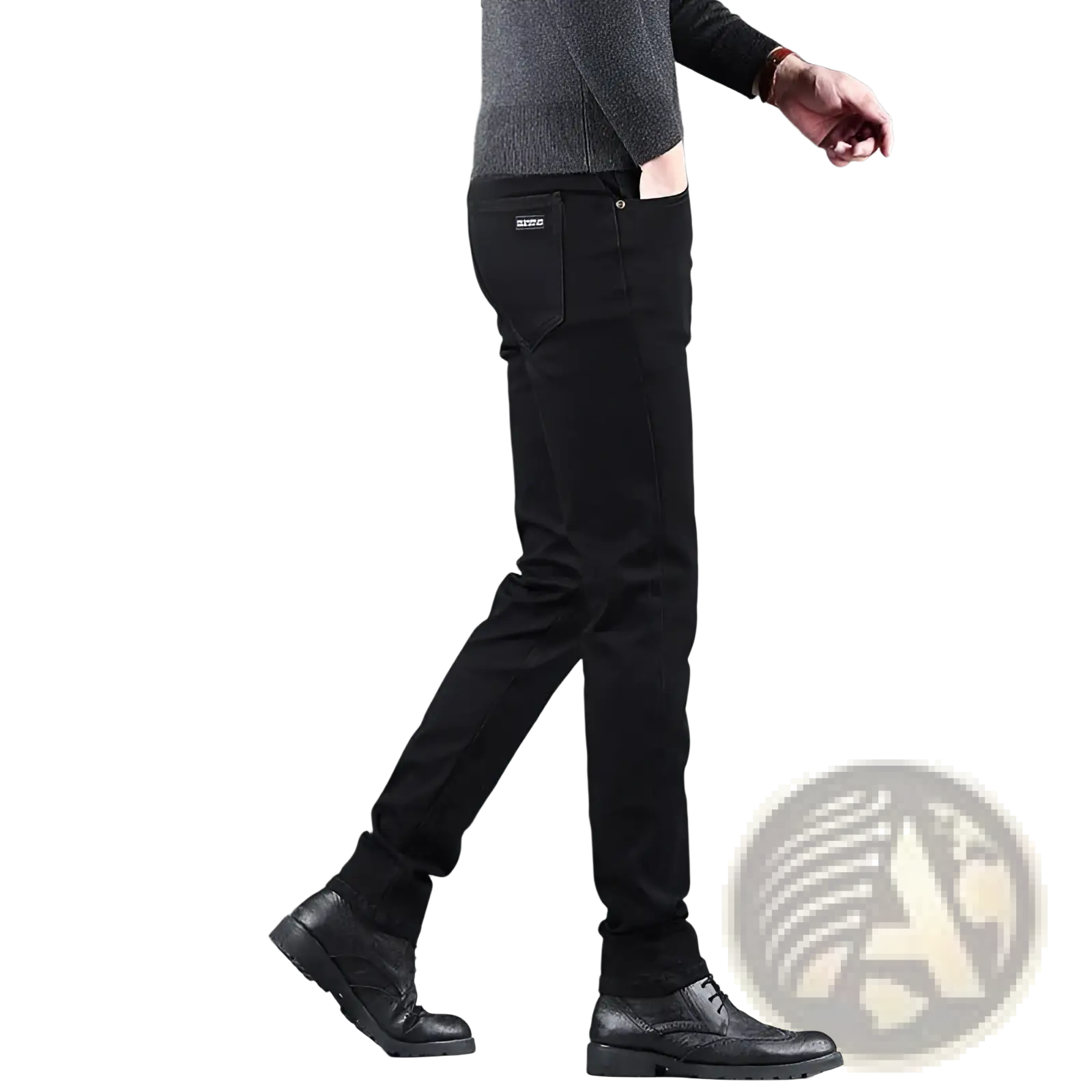 Men black slim fit stretch denim jeans showing back side with subtle texture and small brand patch on back pocket