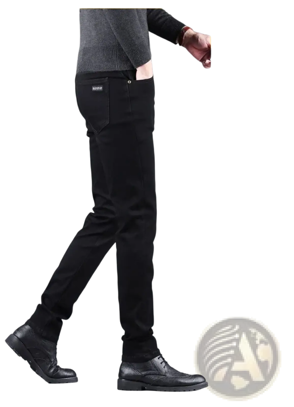 Men black slim fit stretch denim jeans showing the back side with subtle texture and small brand patch on pocket