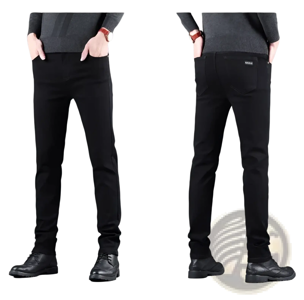 Men black slim fit stretch denim jeans showing the back side with subtle texture and small brand tag on waistband