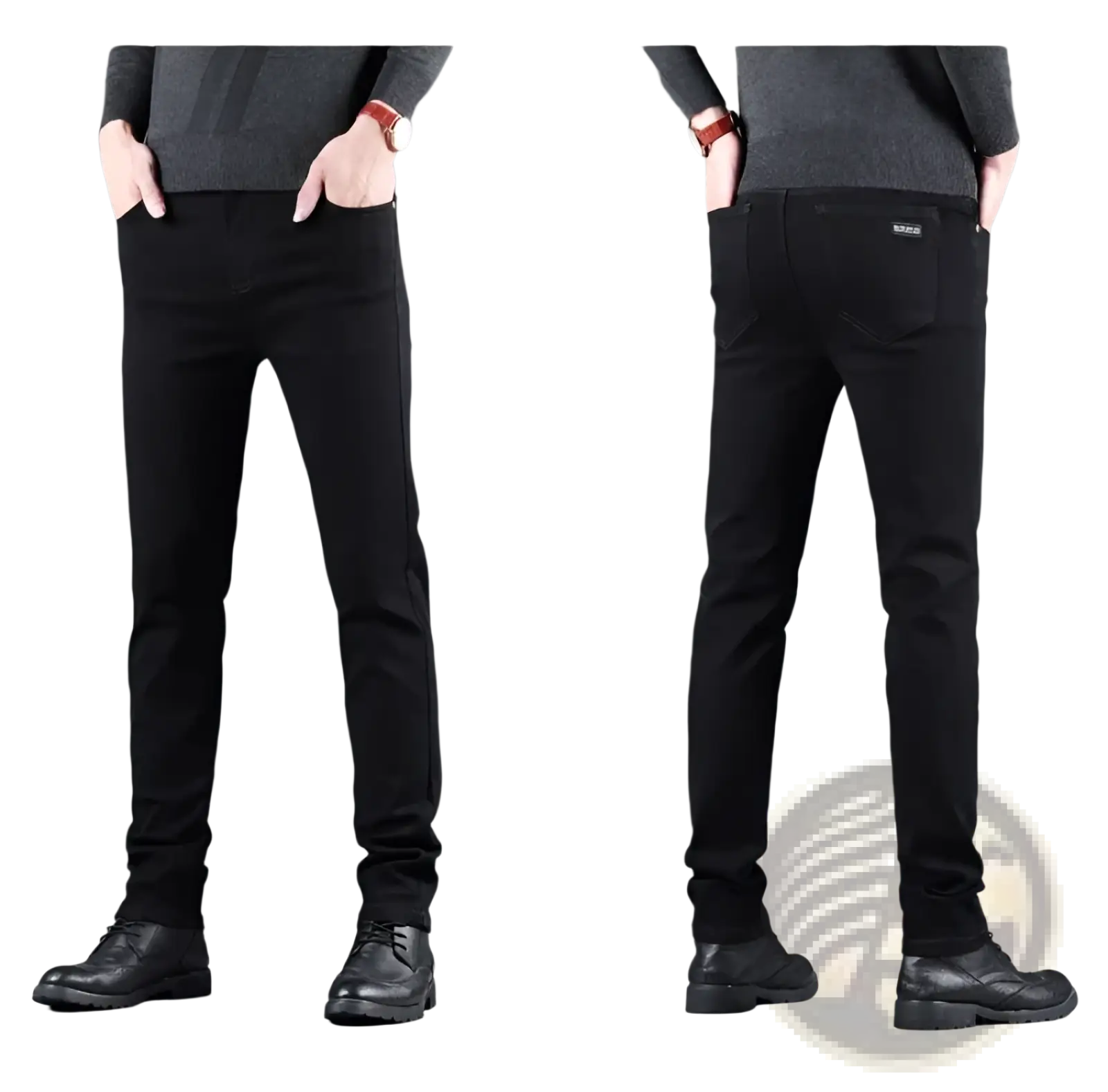 Men black slim fit stretch denim jeans showing the back side with subtle texture and small brand tag on waistband