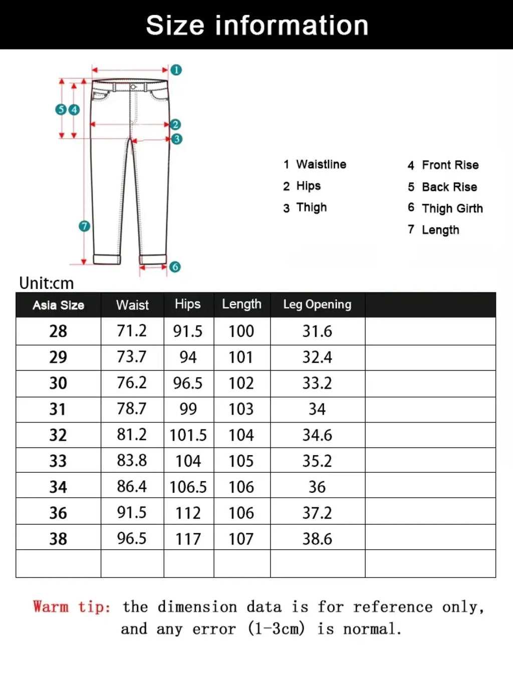 Black and white diagram of men black slim fit stretch denim jeans with size measurements in centimeters