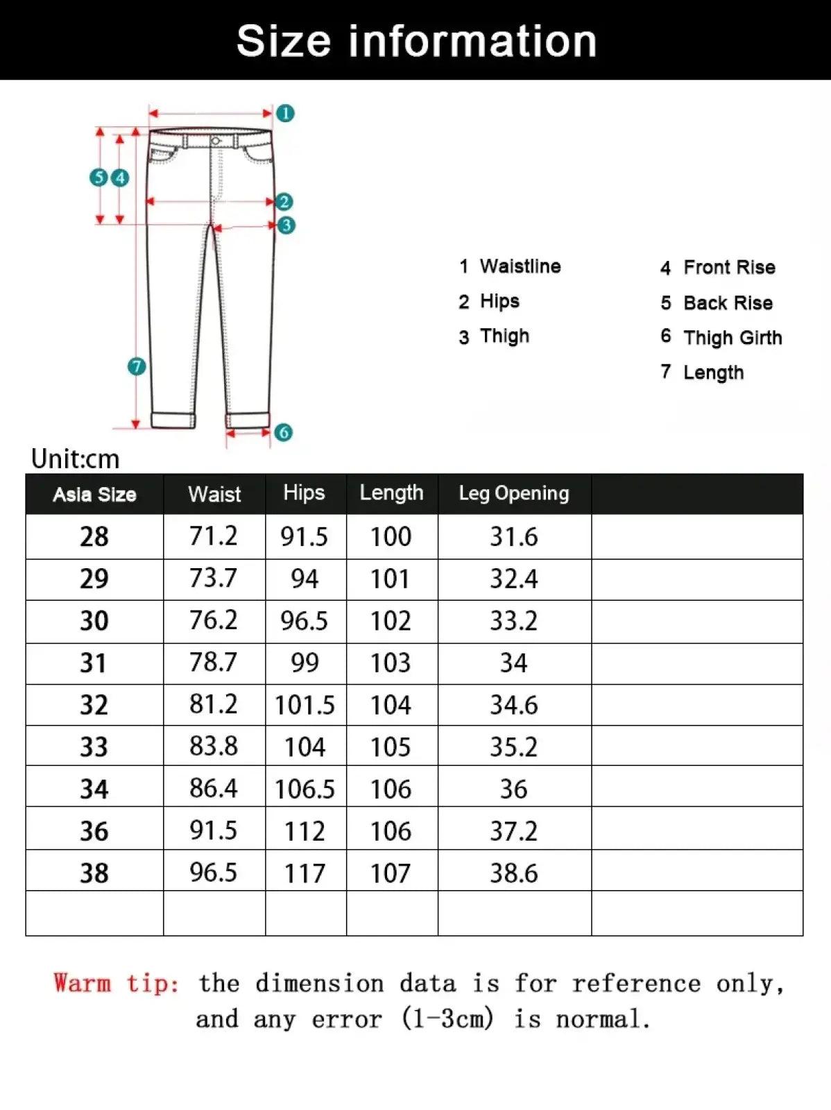 Black and white diagram of men black slim fit stretch denim jeans with size measurements in centimeters