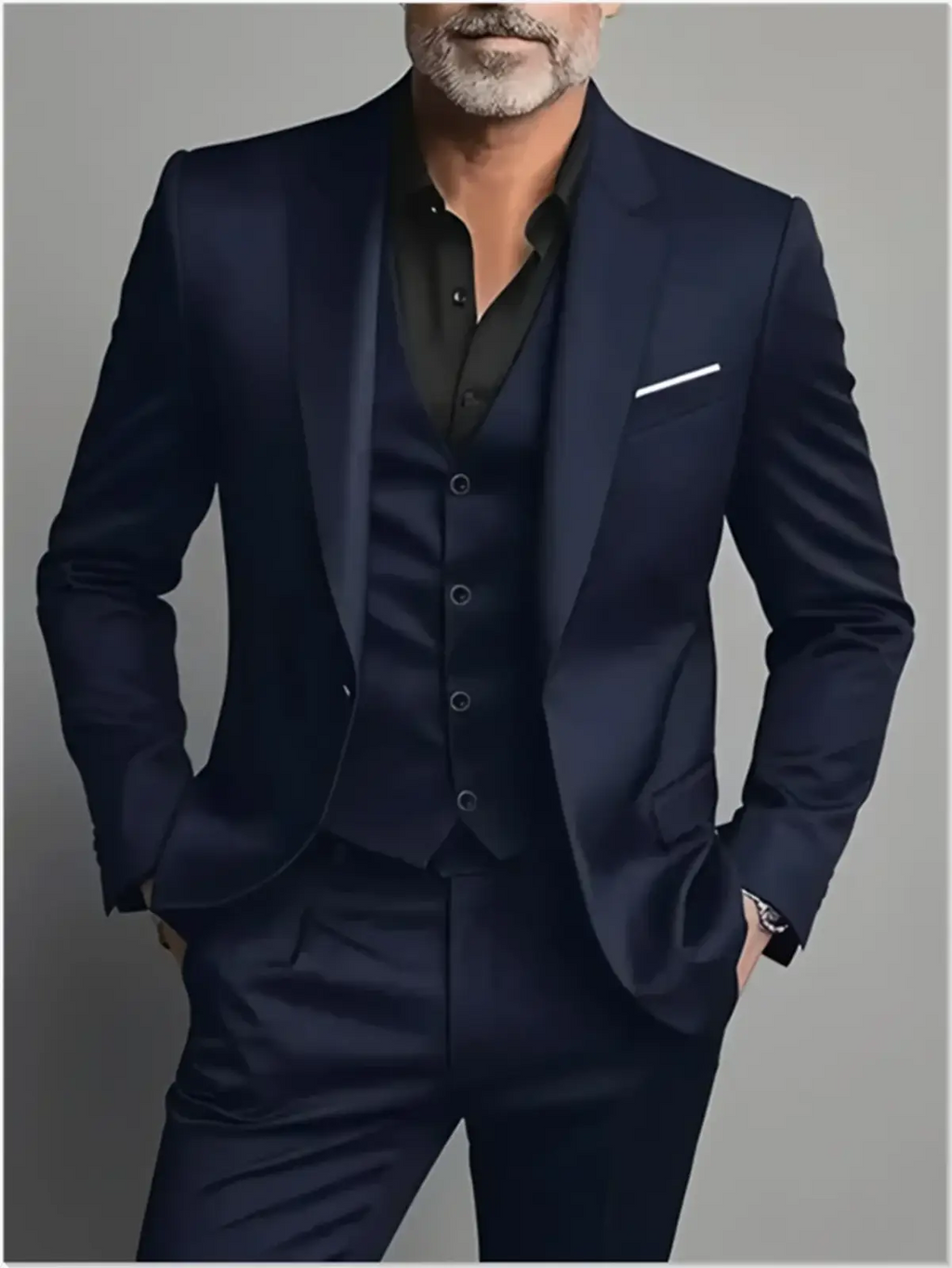 Men black slim fit suit single breasted tuxedo with navy blue satin finish and subtle white pocket square closure type