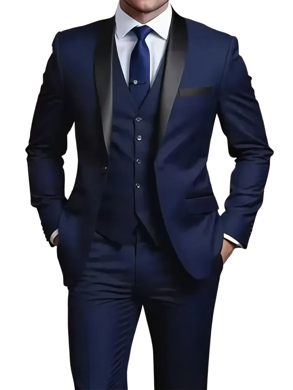 Navy blue three-piece slim fit suit with black satin lapels and matching vest featuring single breasted closure type
