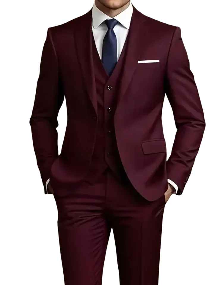 Men black slim fit single breasted tuxedo with sharp maroon three-piece suit featuring sleek tailored fit and closure type