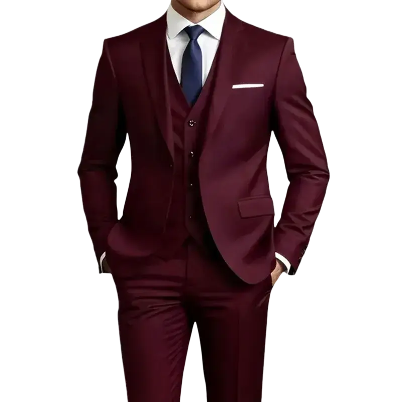 A sharp tailored burgundy three-piece suit with matching vest and trousers featuring classic closure type