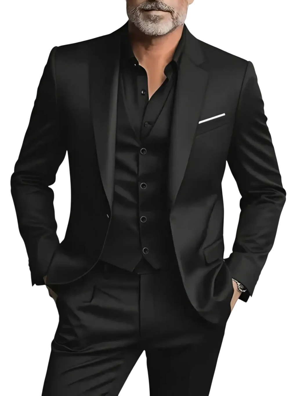 Men black slim fit single breasted tuxedo suit with sleek glossy finish and subtle white pocket square closure type
