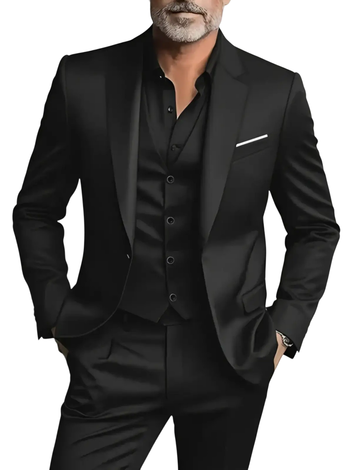 Men black slim fit single breasted tuxedo suit with sleek glossy finish and subtle white pocket square closure type