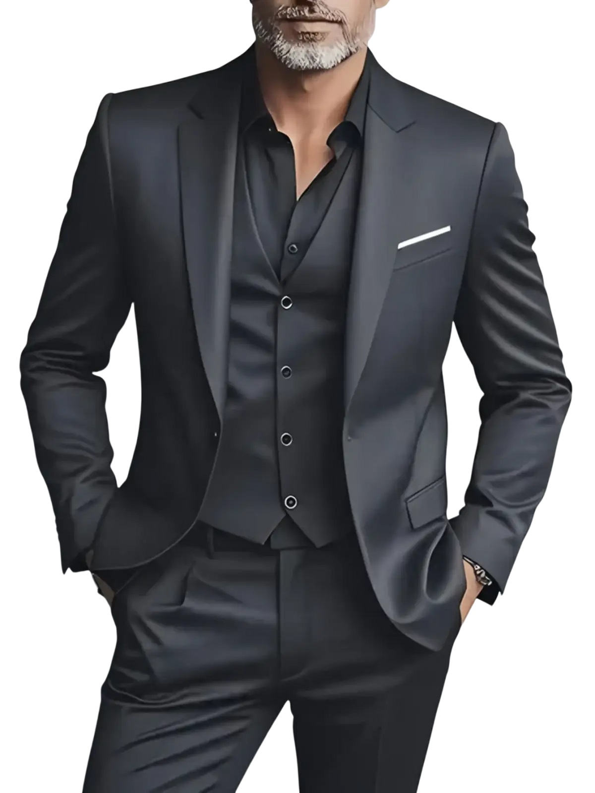 Men black slim fit suit with single breasted closure type featuring a sleek modern cut and subtle sheen
