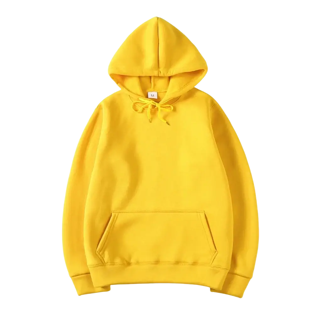 Men black solid oversized hoodie sweatshirt with bright yellow hooded front pocket and matching drawstrings