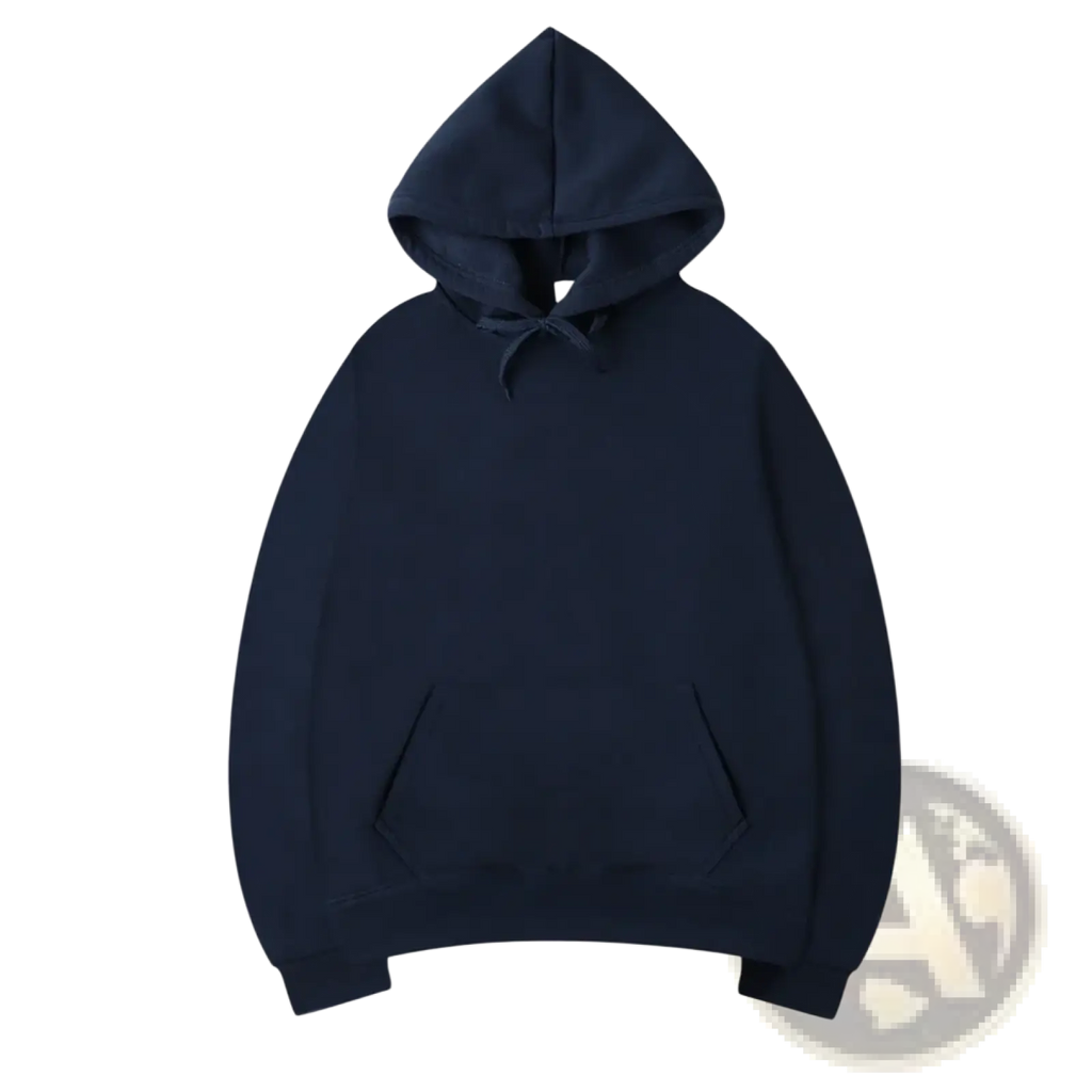 Men black solid oversized hoodie sweatshirt in dark navy blue with hood, front kangaroo pocket, and ribbed cuffs