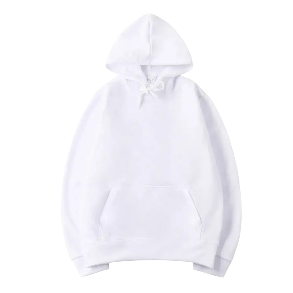 White hooded sweatshirt with front pocket and drawstring in men black solid oversized hoodie sweatshirt collection