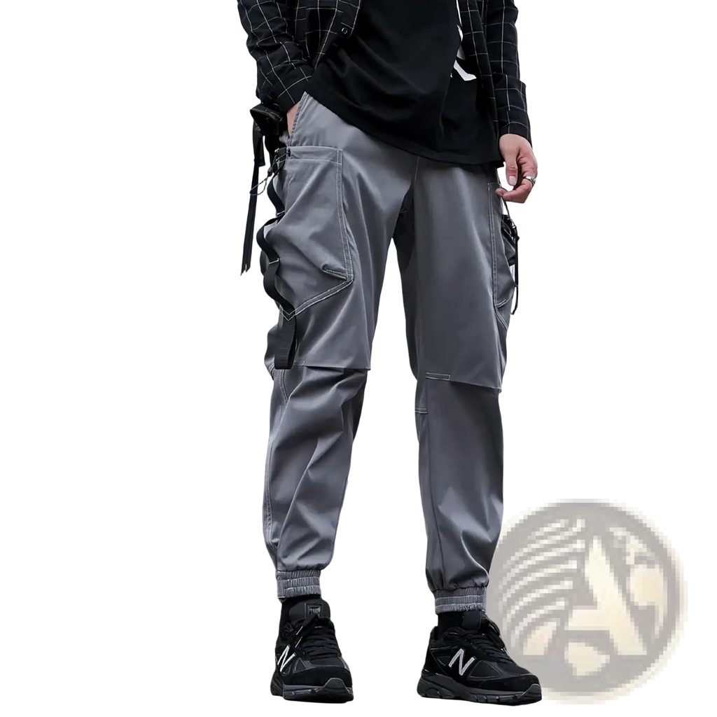 Men black tactical cargo joggers gray with multiple pockets black straps elastic cuffs and relaxed fit for streetwear