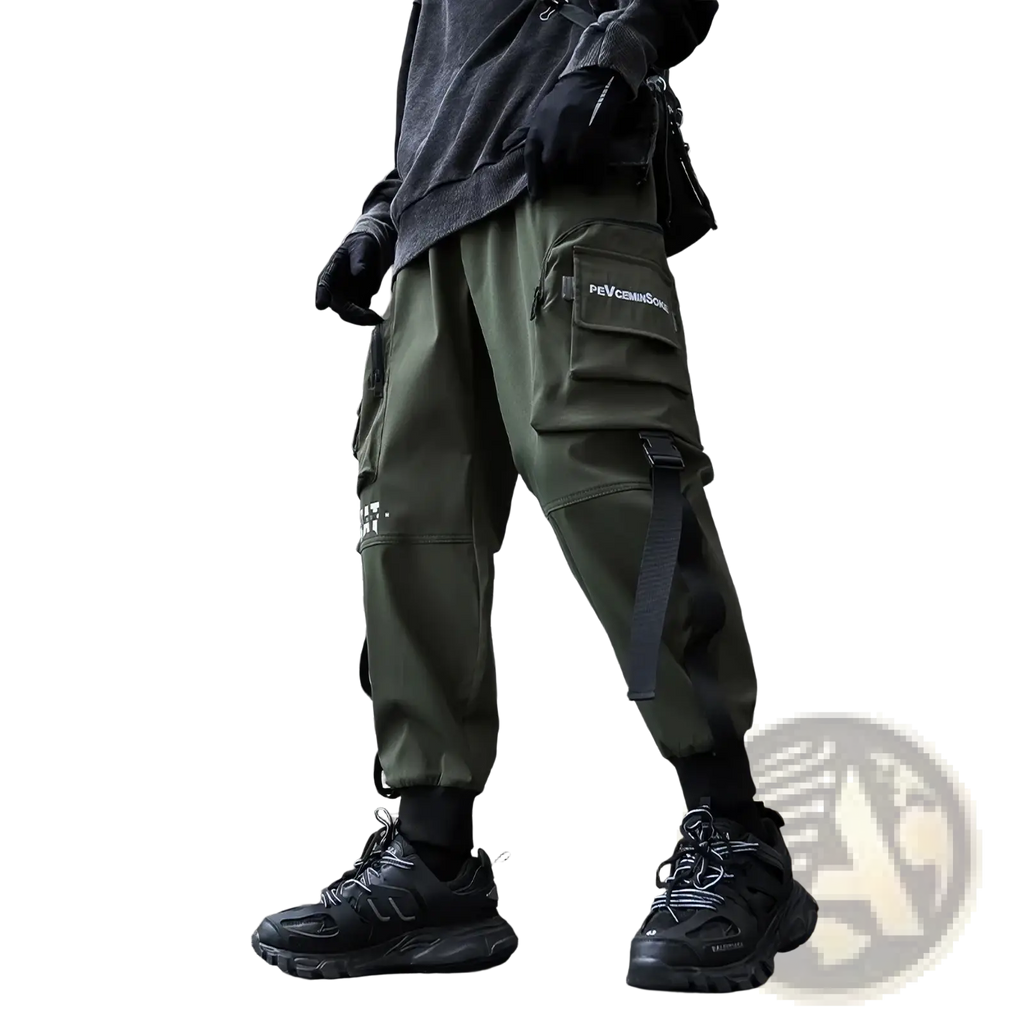 Men black tactical cargo joggers in olive green with multiple pockets and black strap detail for streetwear use