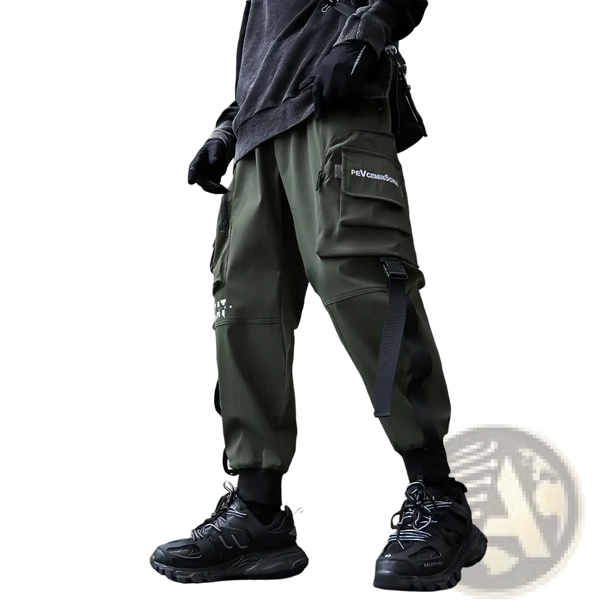 Men black tactical cargo joggers in olive green with multiple pockets and black strap detail for streetwear use