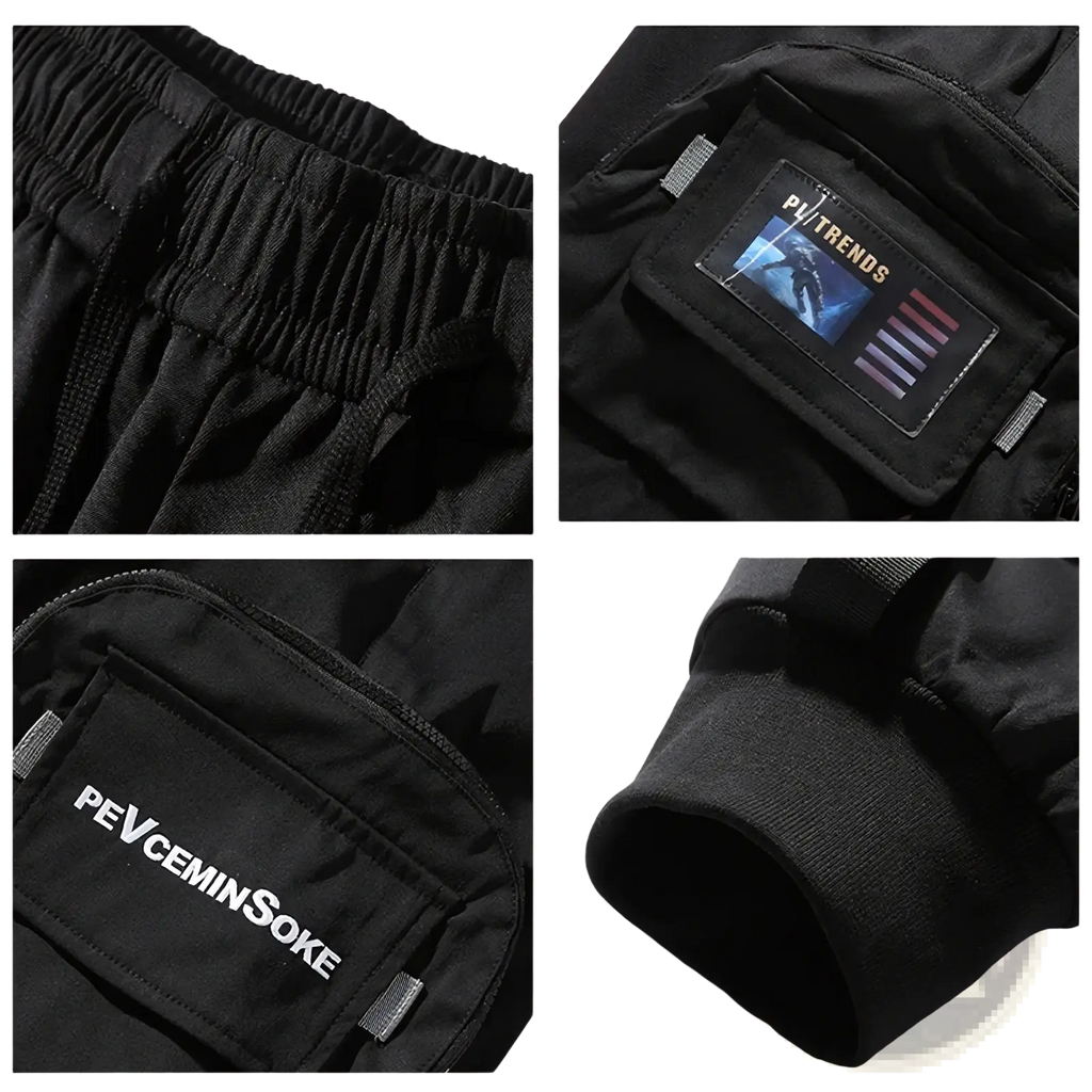 Men black tactical cargo joggers with elastic waistband multiple pockets and branded patches for streetwear use