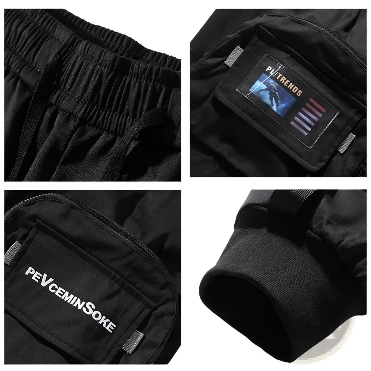 Men black tactical cargo joggers with elastic waistband multiple pockets and branded patches for streetwear use