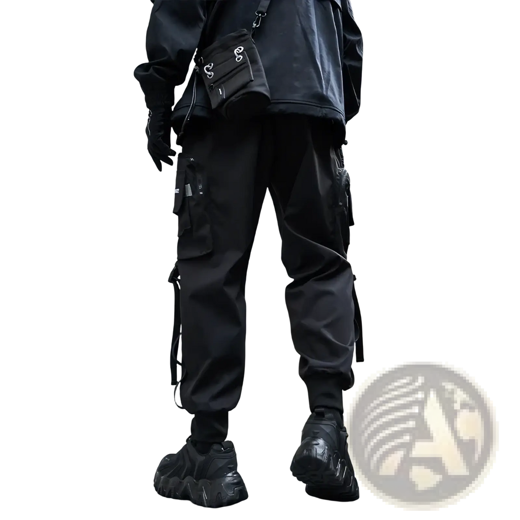 Men black tactical cargo joggers with multiple pockets and adjustable drawstrings designed for streetwear use
