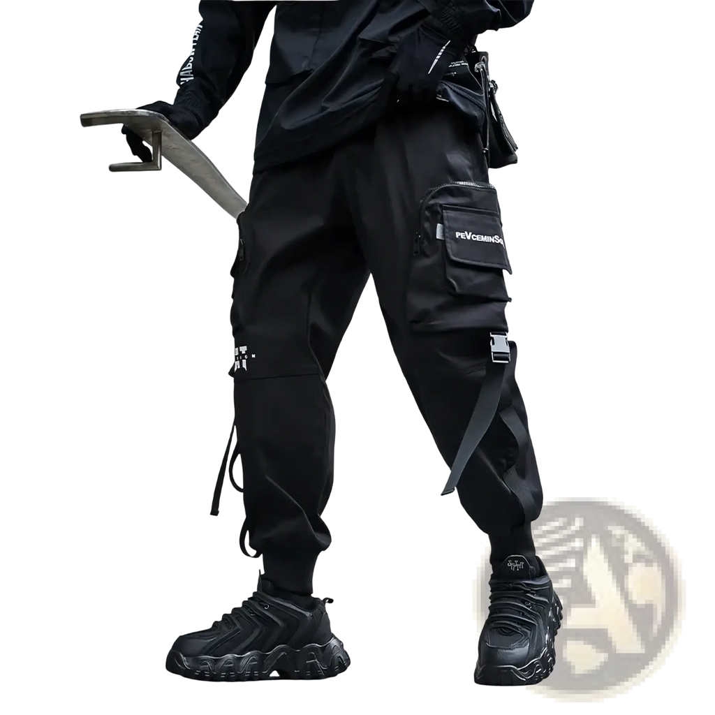 Men black tactical cargo joggers with multiple pockets and adjustable straps designed for streetwear use