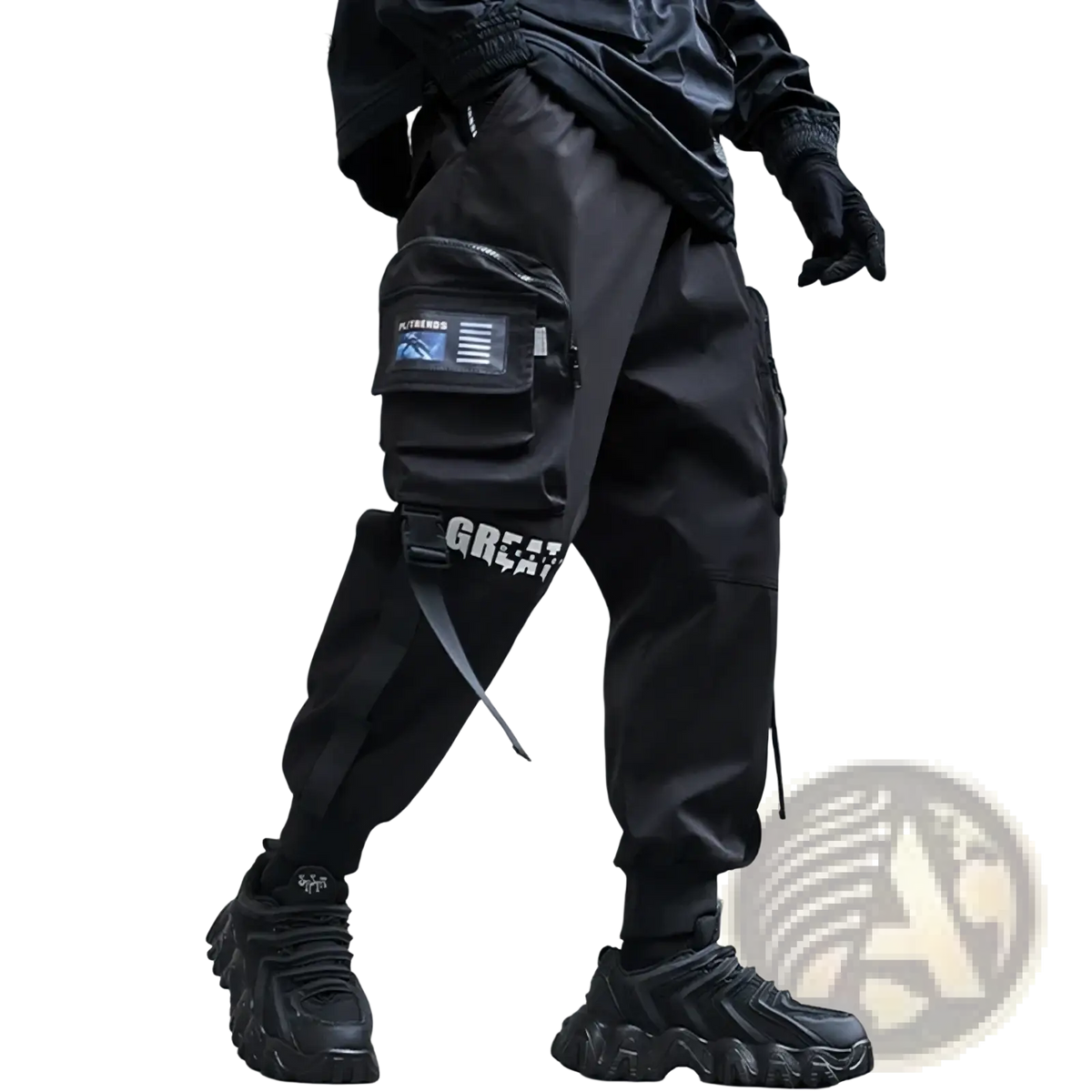 Men black tactical cargo joggers with a prominent side pocket featuring a blue and white chaifenko patch for streetwear