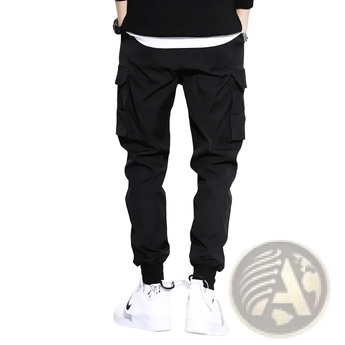 Men black tactical cargo pants with multiple side pockets and elastic cuffs for casual workwear and joggers use