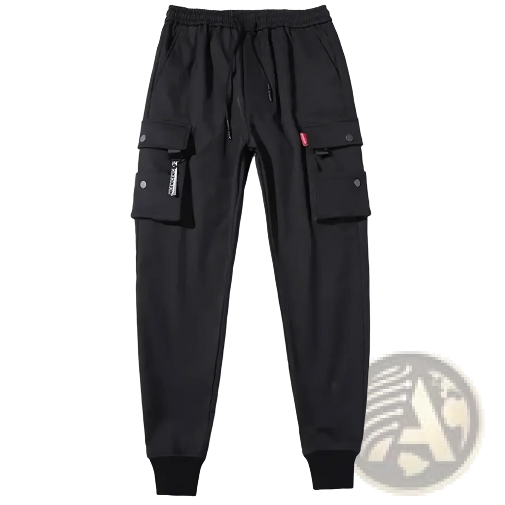 Men black tactical cargo pants with multiple pockets elastic waistband drawstring sleek modern design for workwear
