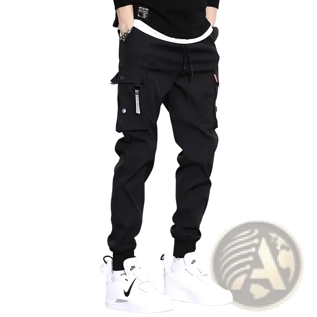 Men black tactical cargo pants casual workwear joggers with multiple pockets and drawstring waistband