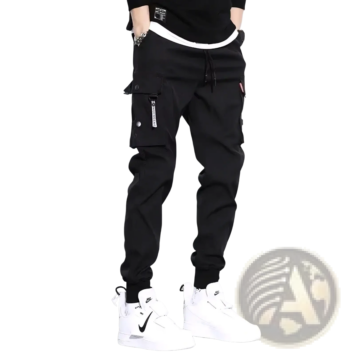 Men black tactical cargo pants casual workwear joggers with multiple pockets and drawstring waistband