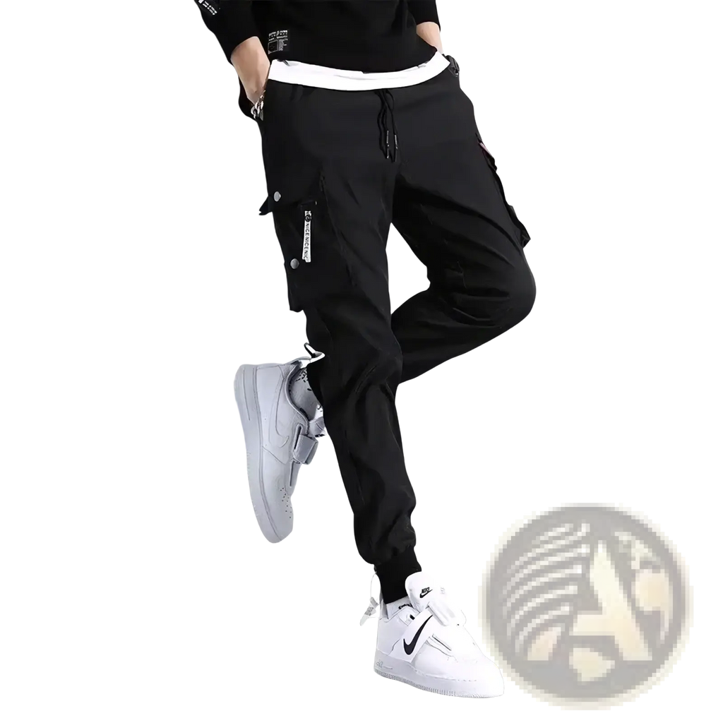 Men black tactical cargo pants with multiple pockets and a drawstring waistband for casual workwear joggers