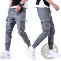 Men black tactical cargo pants with multiple pockets and a drawstring waistband for casual workwear joggers