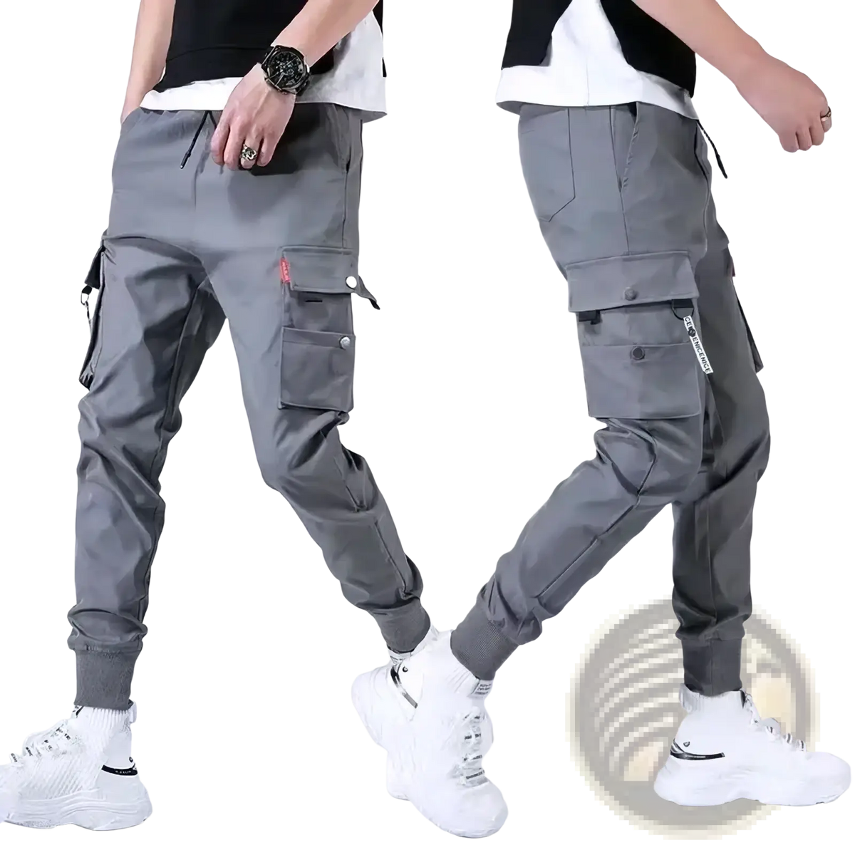 Men black tactical cargo pants with multiple pockets and a drawstring waistband for casual workwear joggers