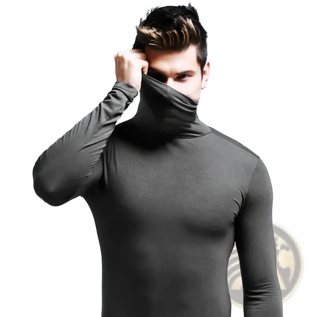 Men black turtleneck long sleeve slim fit shirt with sleek dark gray smooth fabric and snug fit
