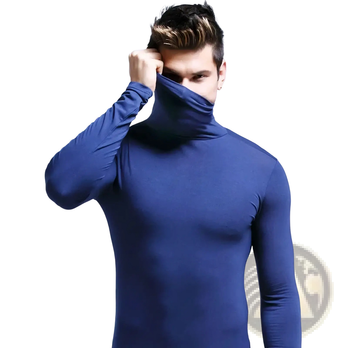 A sleek deep blue long-sleeved form-fitting turtleneck top for men in a slim fit design
