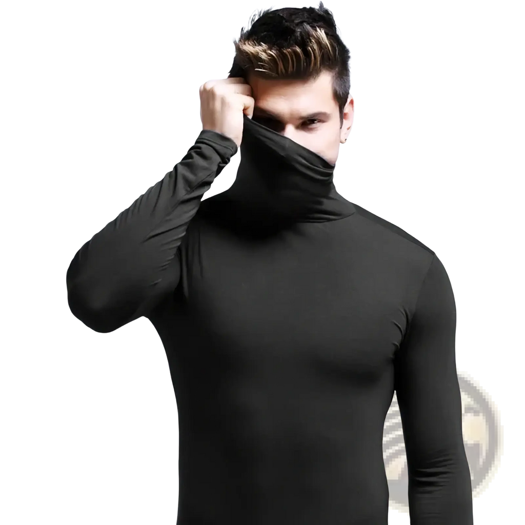 Men black turtleneck long sleeve slim fit shirt made of form-fitting material suitable for formal and casual wear