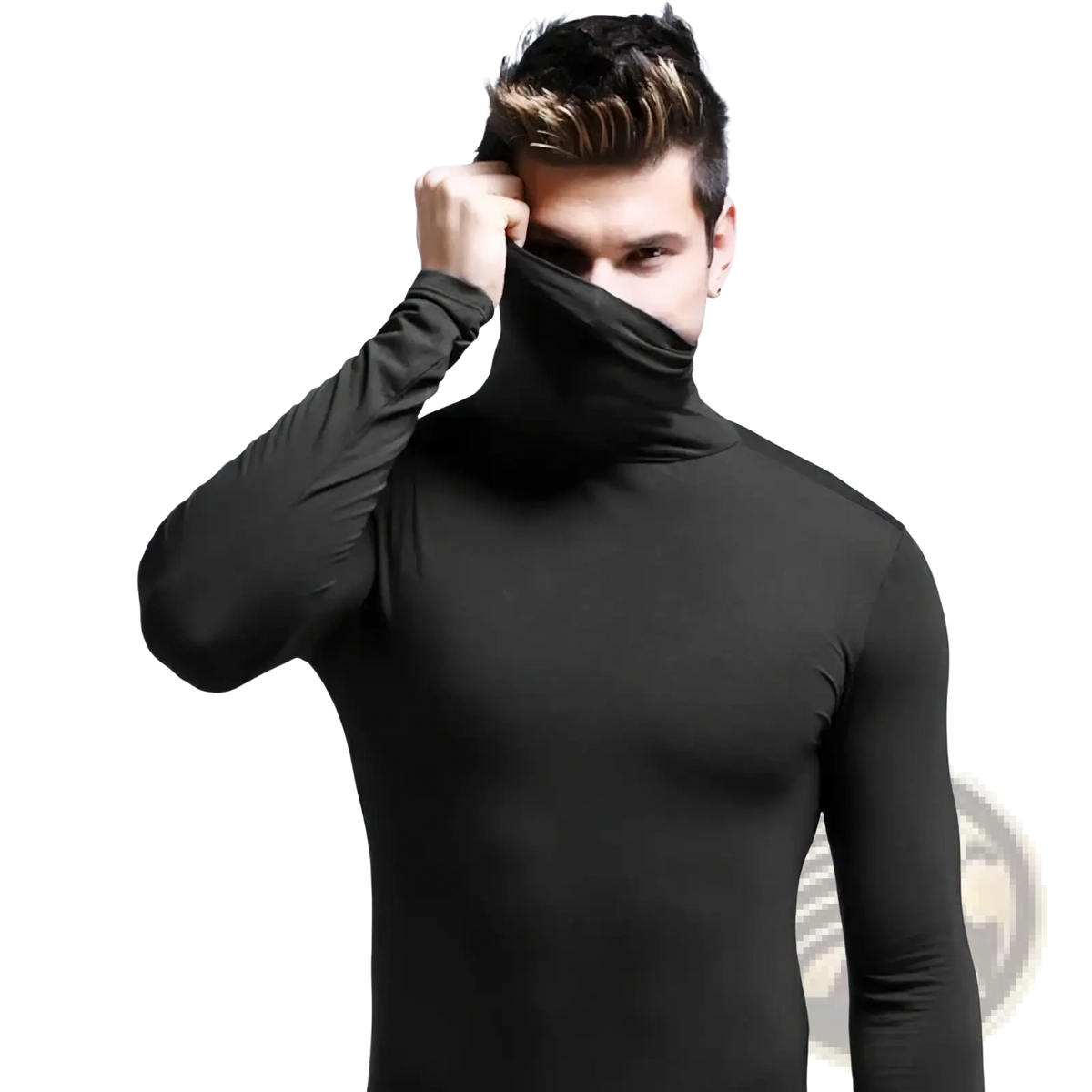 Men black turtleneck long sleeve slim fit shirt made of form-fitting material suitable for formal and casual wear