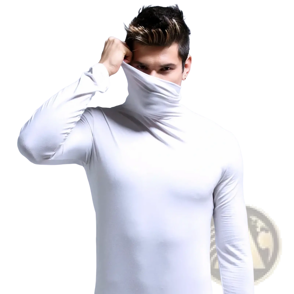 White high-neck long sleeve shirt with smooth form-fitting fabric paired with men black turtleneck slim fit shirt