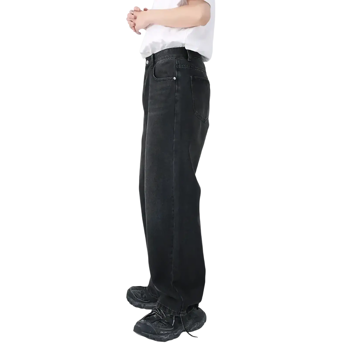 Men black wide leg denim jeans with relaxed straight-leg cut and classic front pockets in black denim material