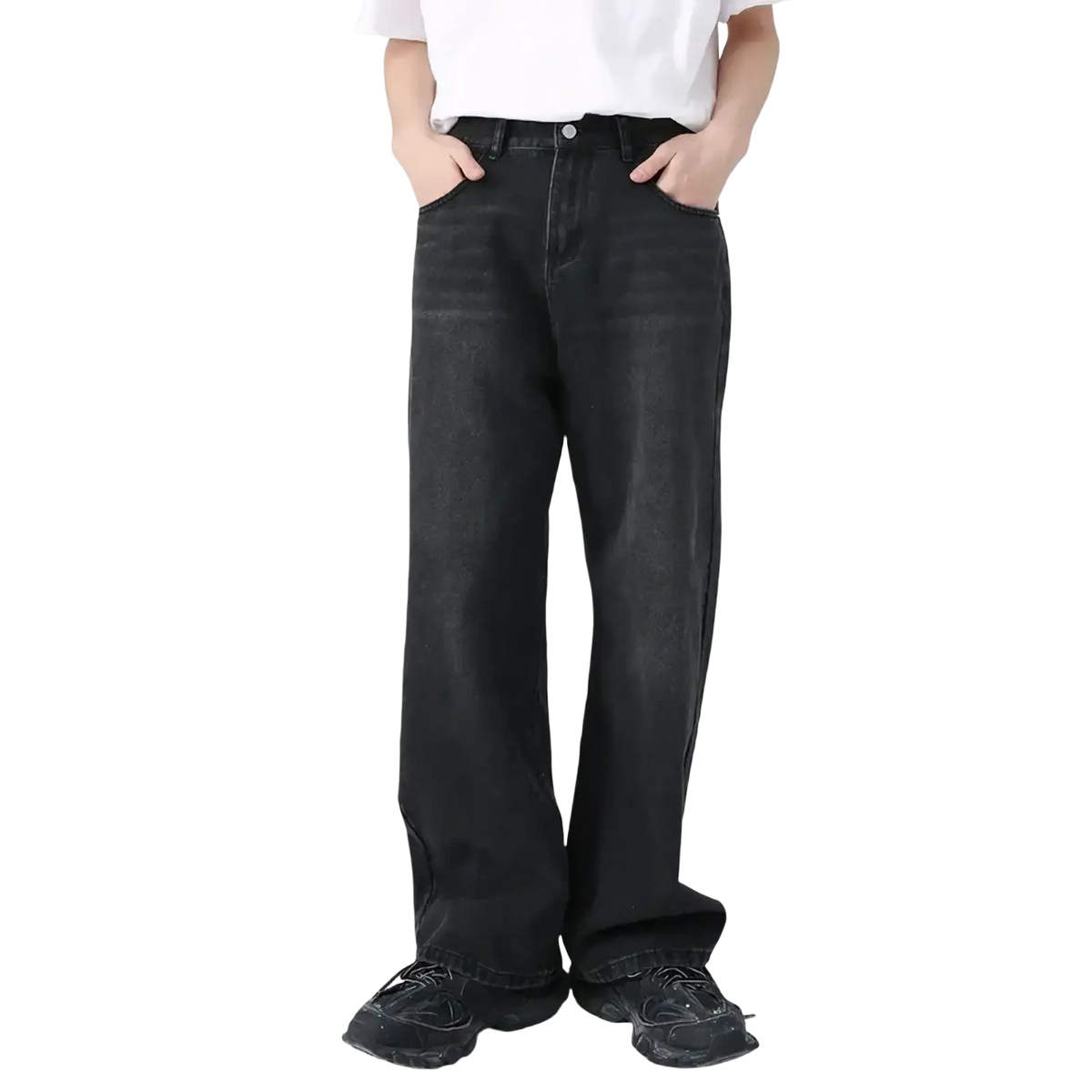 Men black wide leg denim jeans with relaxed fit and subtle fading in durable cotton fabric